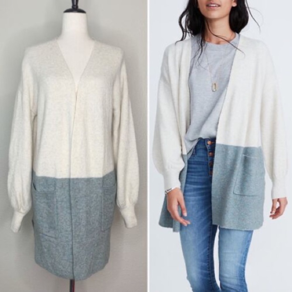 Madewell Wool Alpaca Blend Colorblock Bubble-Sleeves Cardigan Sweater